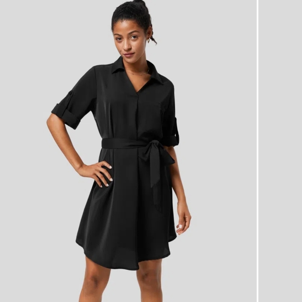 HALARA: Roll Up Sleeve Belted Relaxed Work Shirt Dress
